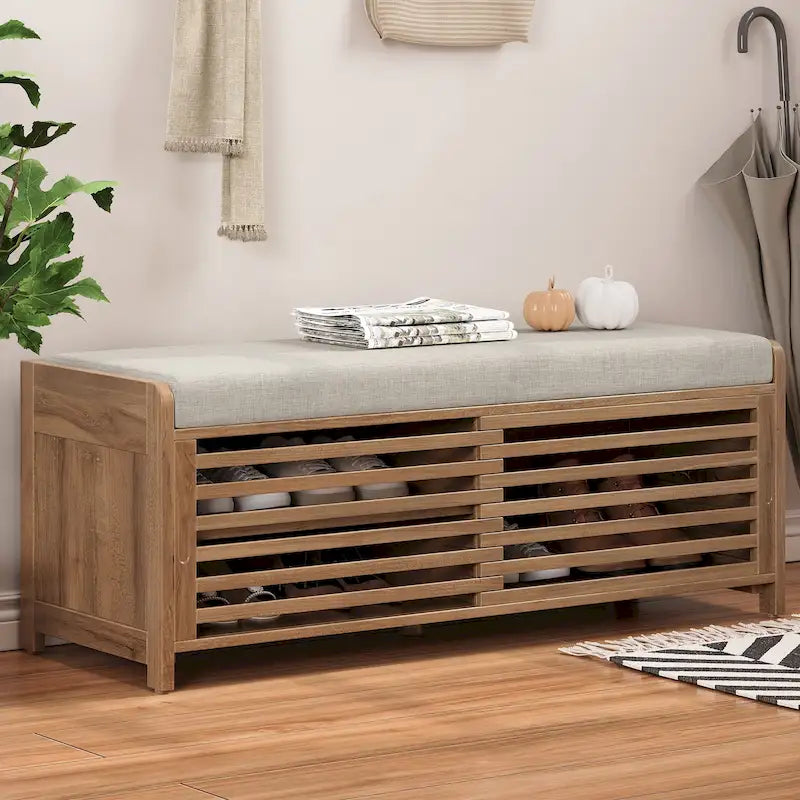 Banc de rangement persienné avec placage en bois d'acacia