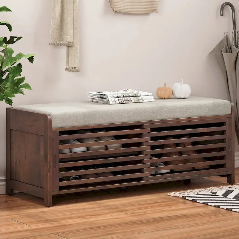 Banc de rangement persienné avec placage en bois d'acacia