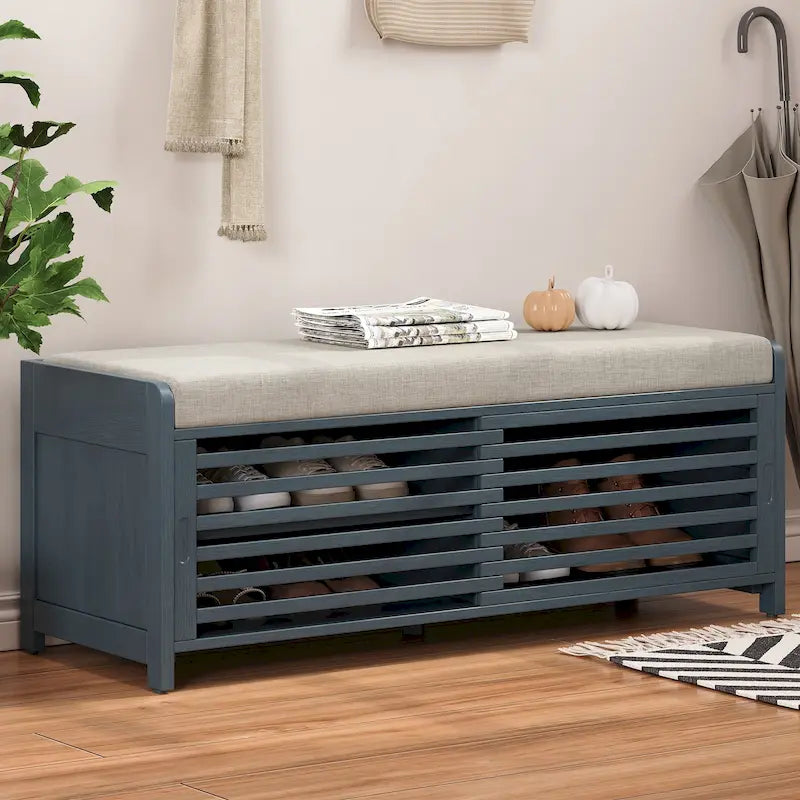 Banc de rangement persienné avec placage en bois d'acacia