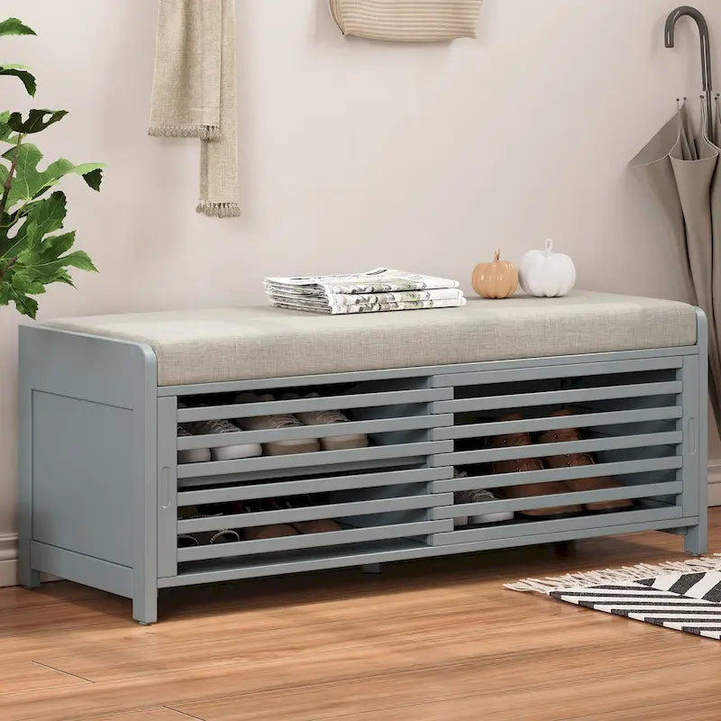 Banc de rangement persienné avec placage en bois d'acacia