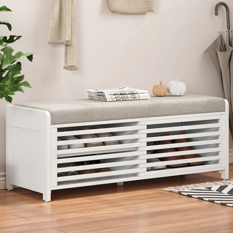Banc de rangement persienné avec placage en bois d'acacia
