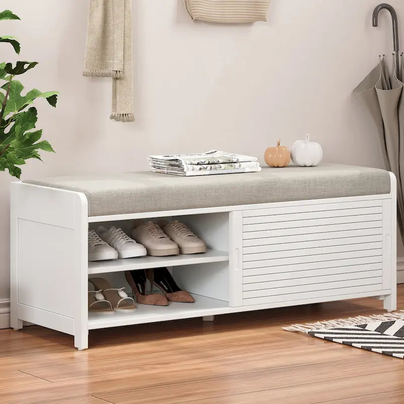 Banc de rangement persienné avec placage en bois d'acacia