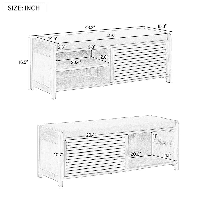 Banc de rangement persienné avec placage en bois d'acacia