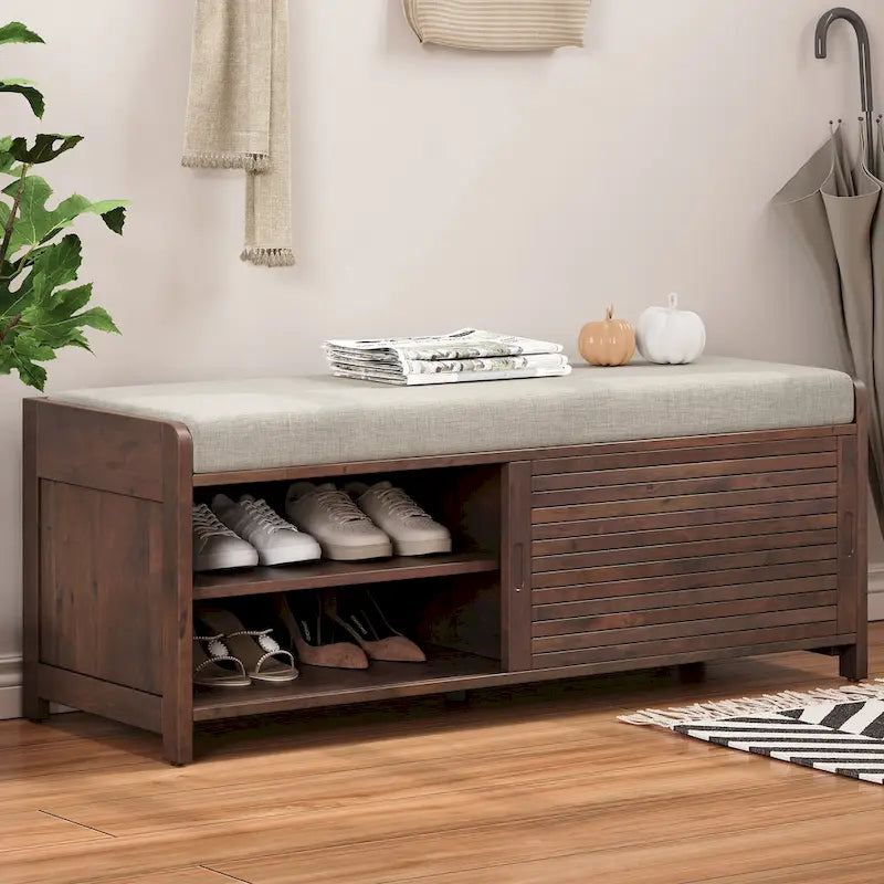 Banc de rangement persienné avec placage en bois d'acacia