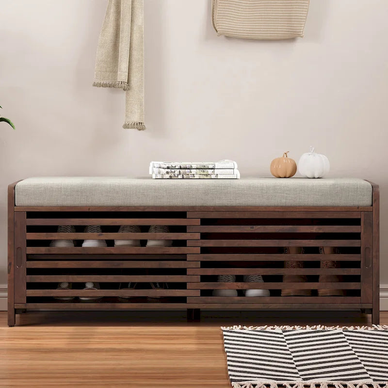 Banc de rangement persienné avec placage en bois d'acacia