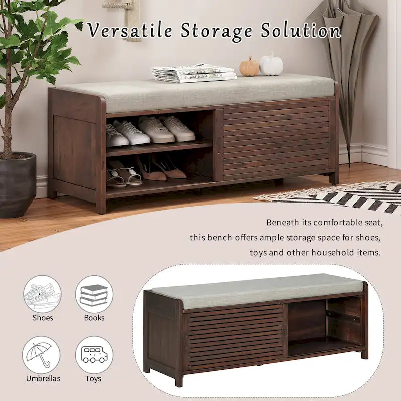 Banc de rangement persienné avec placage en bois d'acacia
