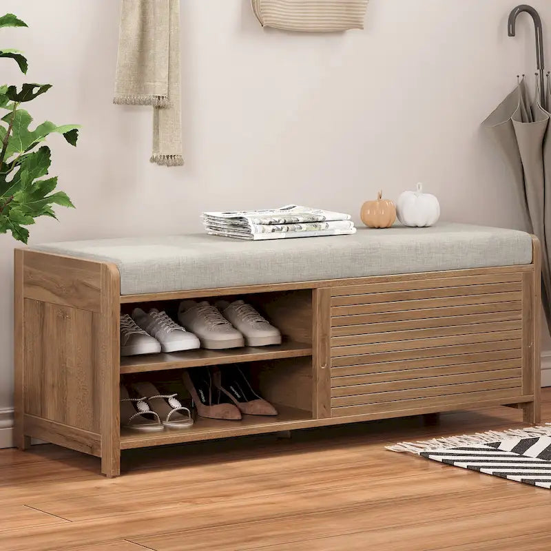 Banc de rangement persienné avec placage en bois d'acacia