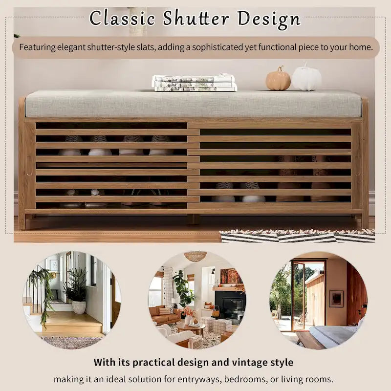 Banc de rangement persienné avec placage en bois d'acacia