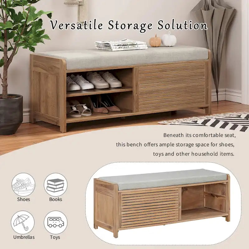 Banc de rangement persienné avec placage en bois d'acacia