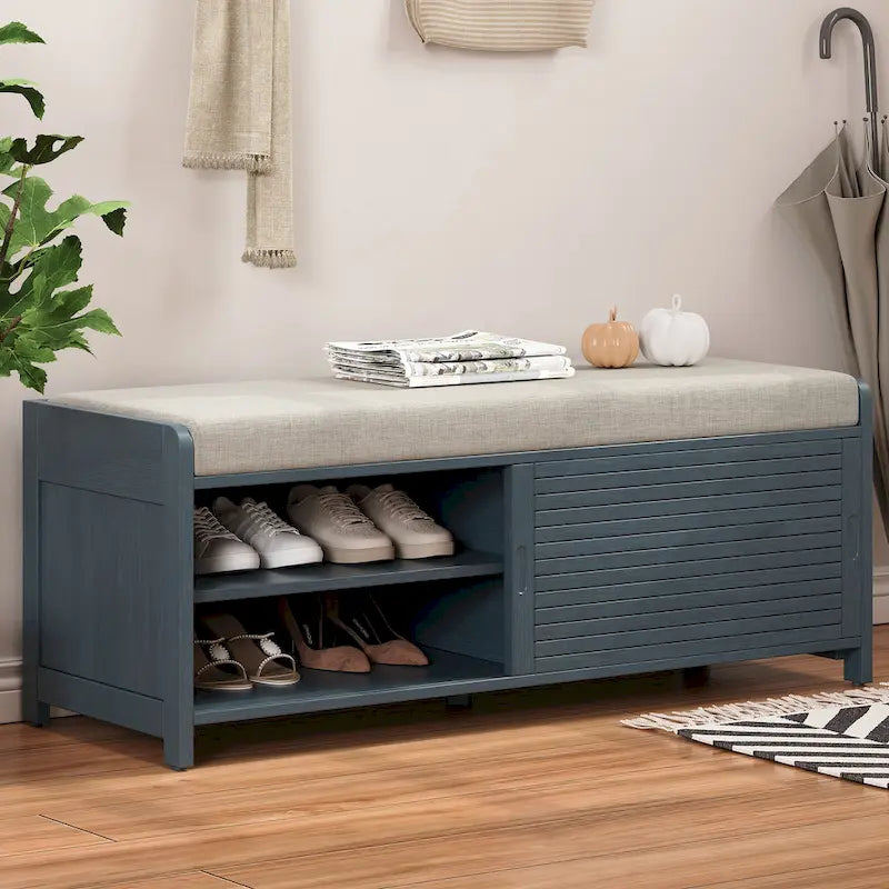 Banc de rangement persienné avec placage en bois d'acacia