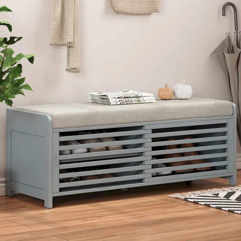 Banc de rangement persienné avec placage en bois d'acacia