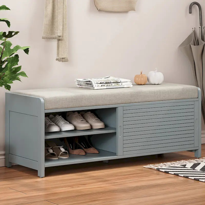 Banc de rangement persienné avec placage en bois d'acacia