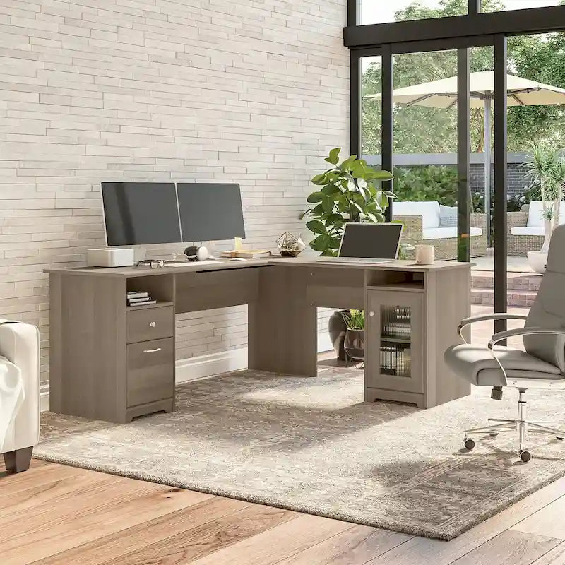 Bureau d'angle en L de 183 cm avec armoire de rangement et tiroir classeur