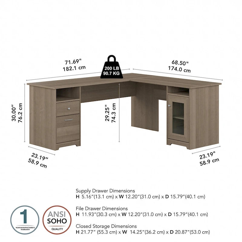 Bureau d'angle en L de 183 cm avec armoire de rangement et tiroir classeur