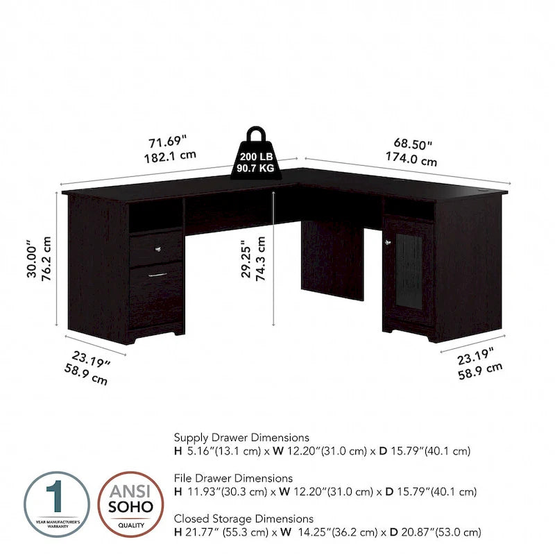 Bureau d'angle en L de 183 cm avec armoire de rangement et tiroir classeur