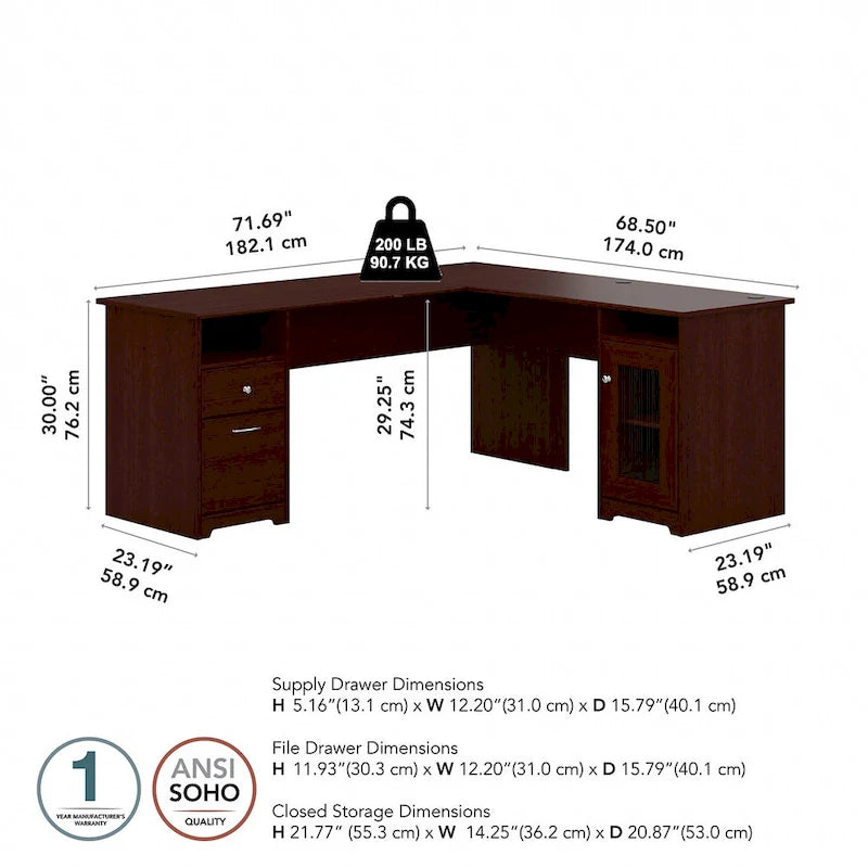 Bureau d'angle en L de 183 cm avec armoire de rangement et tiroir classeur