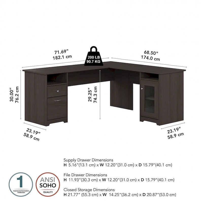 Bureau d'angle en L de 183 cm avec armoire de rangement et tiroir classeur