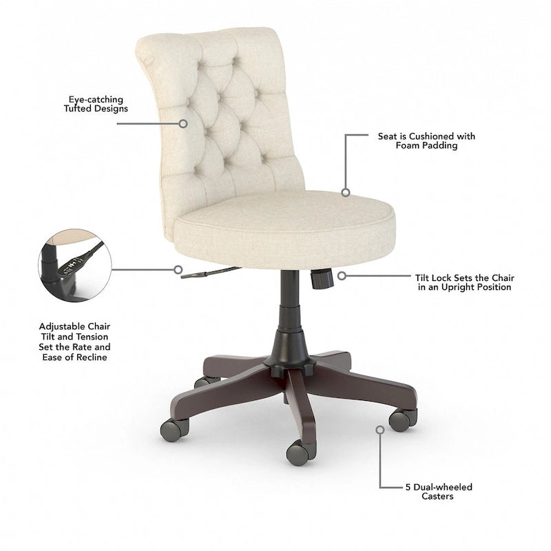 Chaise de bureau sans accoudoirs à dossier mi-hauteur capitonné, avec hauteur réglable et base pivotante
