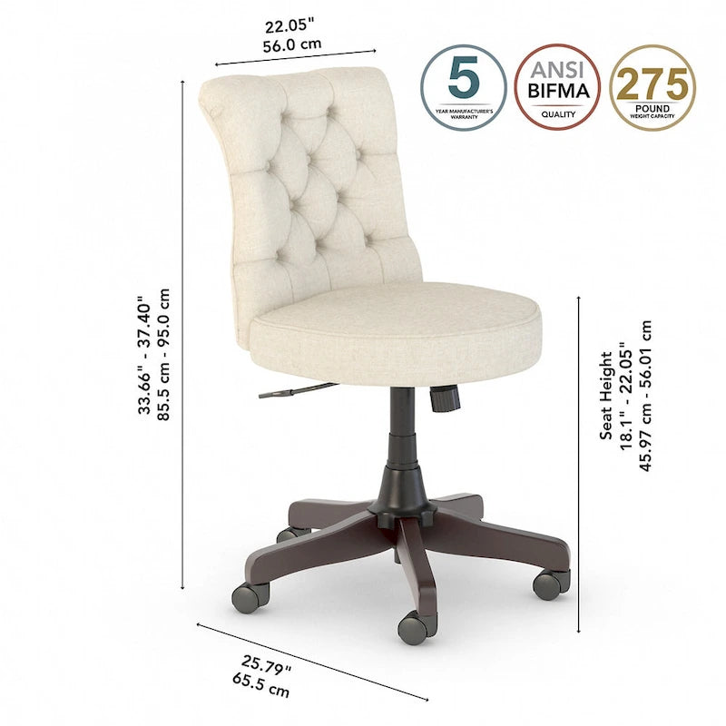 Chaise de bureau sans accoudoirs à dossier mi-hauteur capitonné, avec hauteur réglable et base pivotante
