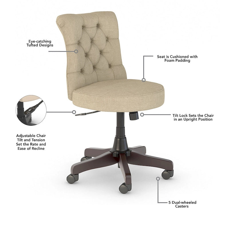 Chaise de bureau sans accoudoirs à dossier mi-hauteur capitonné, avec hauteur réglable et base pivotante