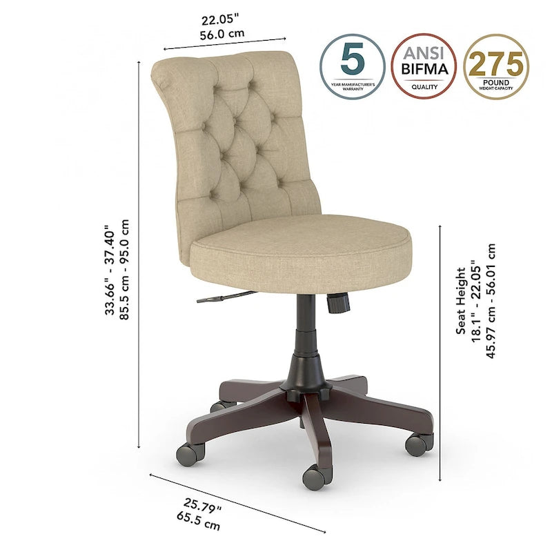 Chaise de bureau sans accoudoirs à dossier mi-hauteur capitonné, avec hauteur réglable et base pivotante