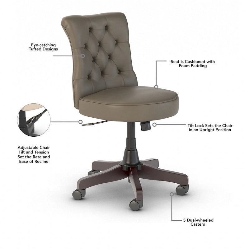 Chaise de bureau sans accoudoirs à dossier mi-hauteur capitonné, avec hauteur réglable et base pivotante