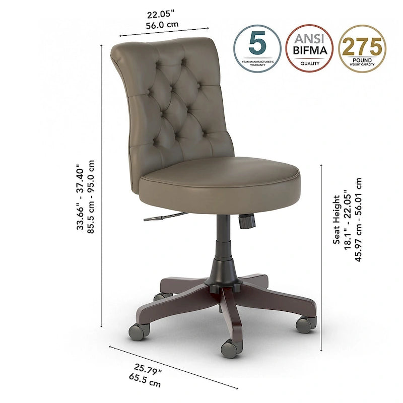 Chaise de bureau sans accoudoirs à dossier mi-hauteur capitonné, avec hauteur réglable et base pivotante