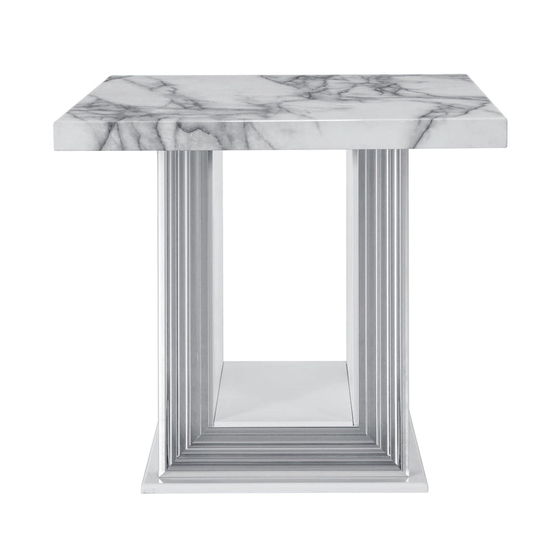 Table d'appoint ronde à plateau en faux marbre et piétement géométrique ouvert – Blanc et argent