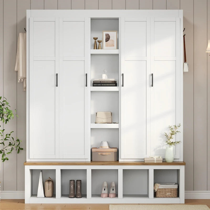 Farmhouse Hall Tree with Bench & 6 Hooks, 62.9W Shoe Storage, Entryway Organizer for Mudroom, Living Room