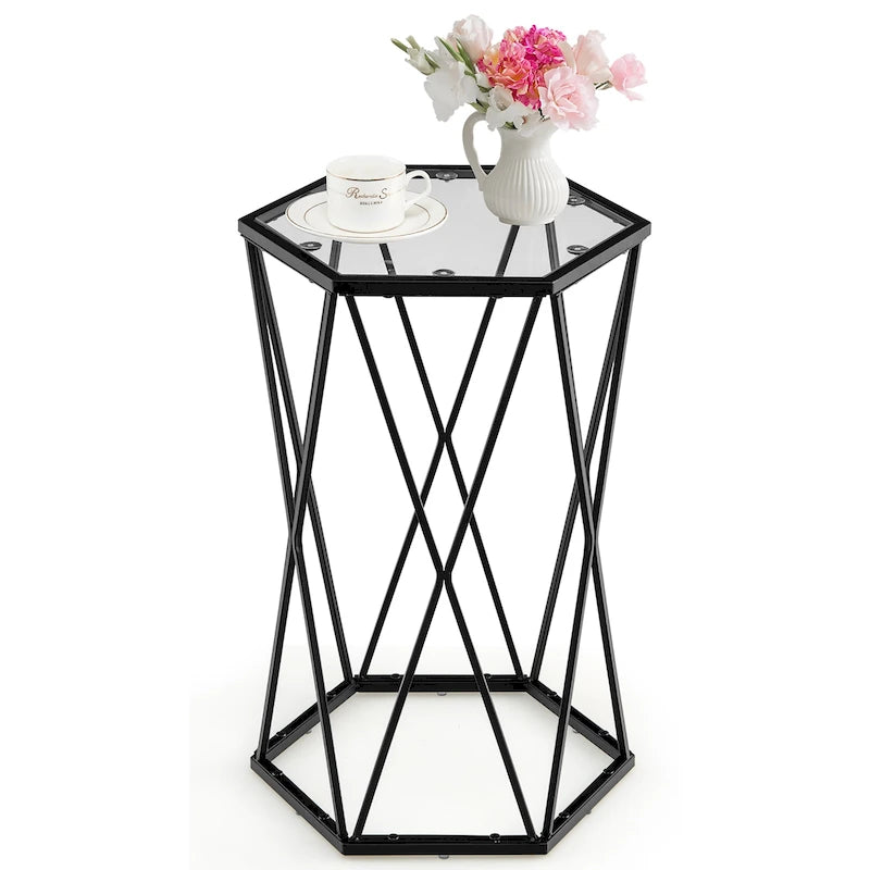 Table d'appoint hexagonale en verre trempé avec cadre en métal