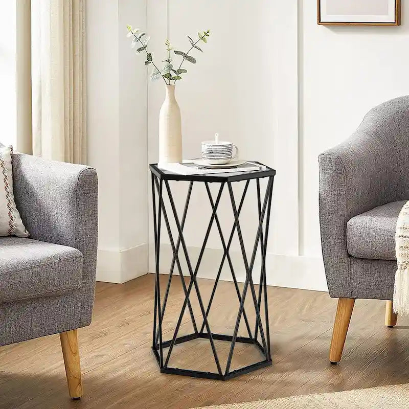 Table d'appoint hexagonale en verre trempé avec cadre en métal