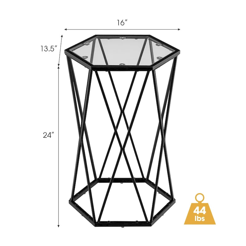Table d'appoint hexagonale en verre trempé avec cadre en métal