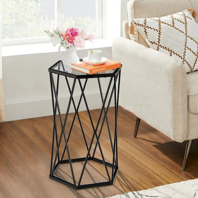 Table d'appoint hexagonale en verre trempé avec cadre en métal