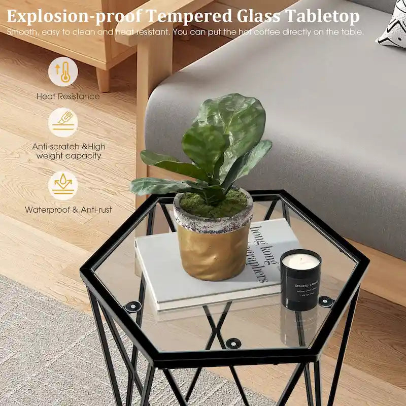 Table d'appoint hexagonale en verre trempé avec cadre en métal
