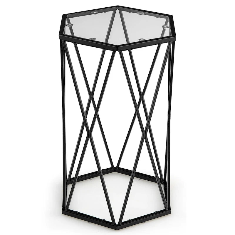 Table d'appoint hexagonale en verre trempé avec cadre en métal
