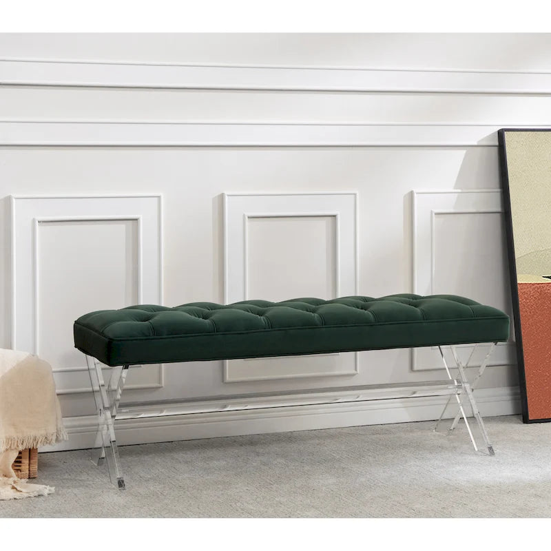 Banc en velours capitonné avec pieds en acrylique transparent et détails boutonnés