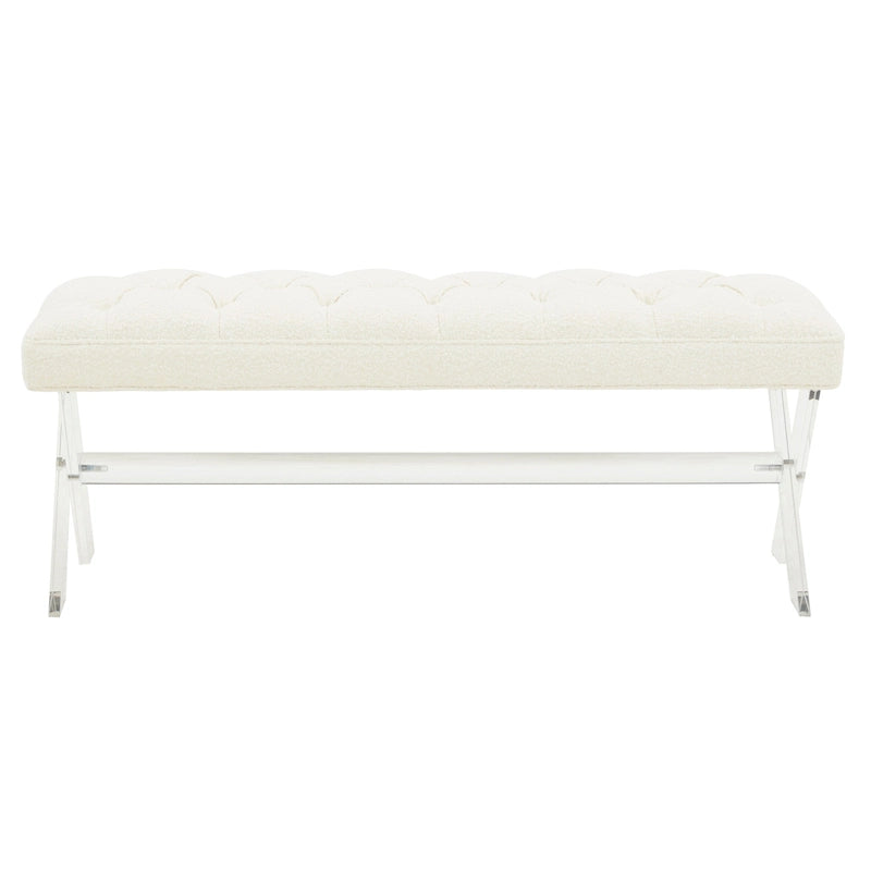 Banc en velours capitonné avec pieds en acrylique transparent et détails boutonnés