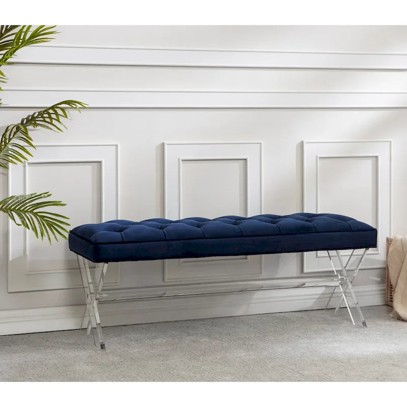 Banc en velours capitonné avec pieds en acrylique transparent et détails boutonnés