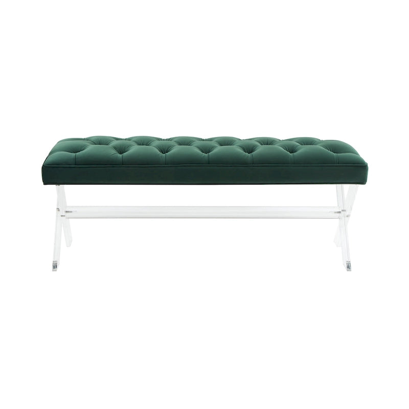 Banc en velours capitonné avec pieds en acrylique transparent et détails boutonnés