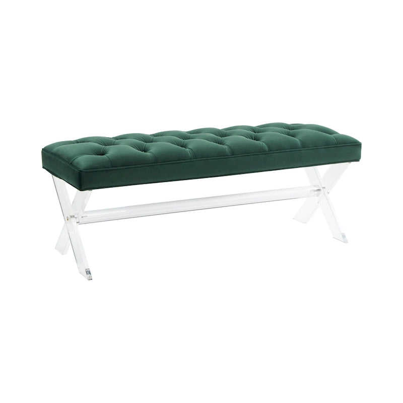 Banc en velours capitonné avec pieds en acrylique transparent et détails boutonnés