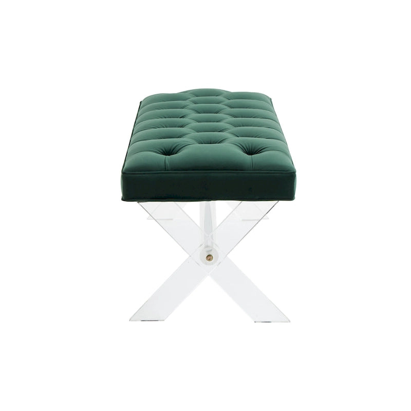 Banc en velours capitonné avec pieds en acrylique transparent et détails boutonnés