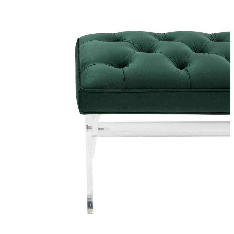 Banc en velours capitonné avec pieds en acrylique transparent et détails boutonnés