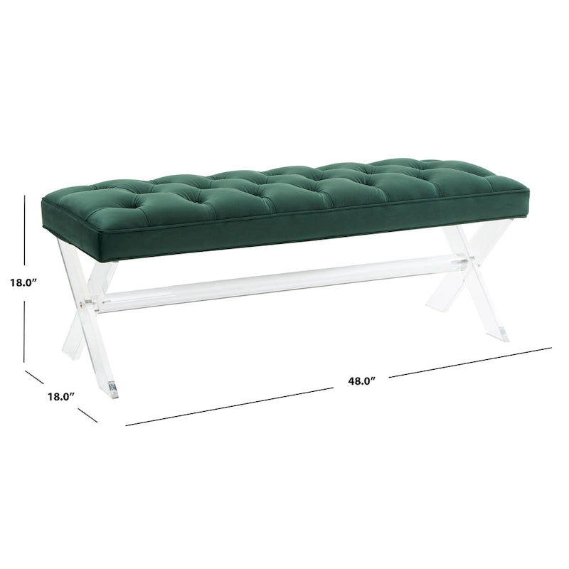 Banc en velours capitonné avec pieds en acrylique transparent et détails boutonnés