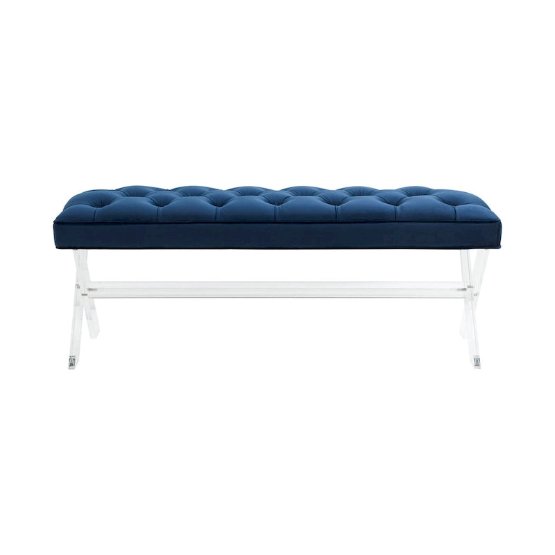 Banc en velours capitonné avec pieds en acrylique transparent et détails boutonnés