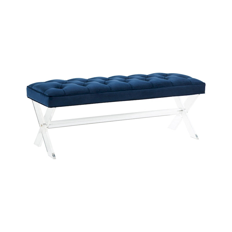 Banc en velours capitonné avec pieds en acrylique transparent et détails boutonnés