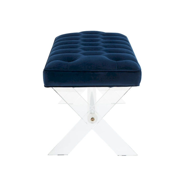 Banc en velours capitonné avec pieds en acrylique transparent et détails boutonnés