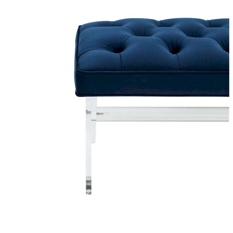 Banc en velours capitonné avec pieds en acrylique transparent et détails boutonnés