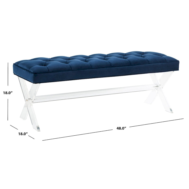 Banc en velours capitonné avec pieds en acrylique transparent et détails boutonnés