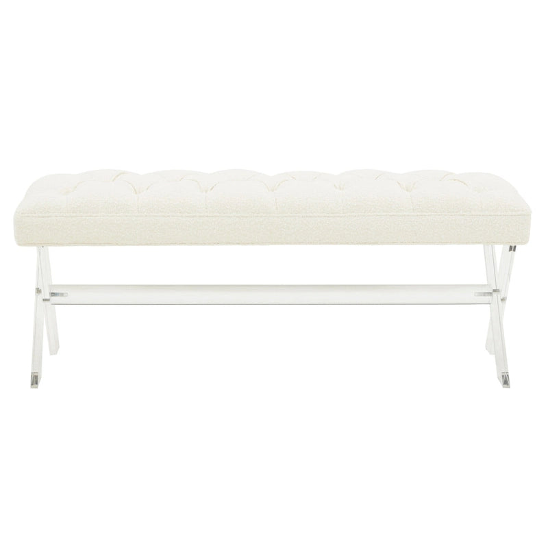 Banc en velours capitonné avec pieds en acrylique transparent et détails boutonnés