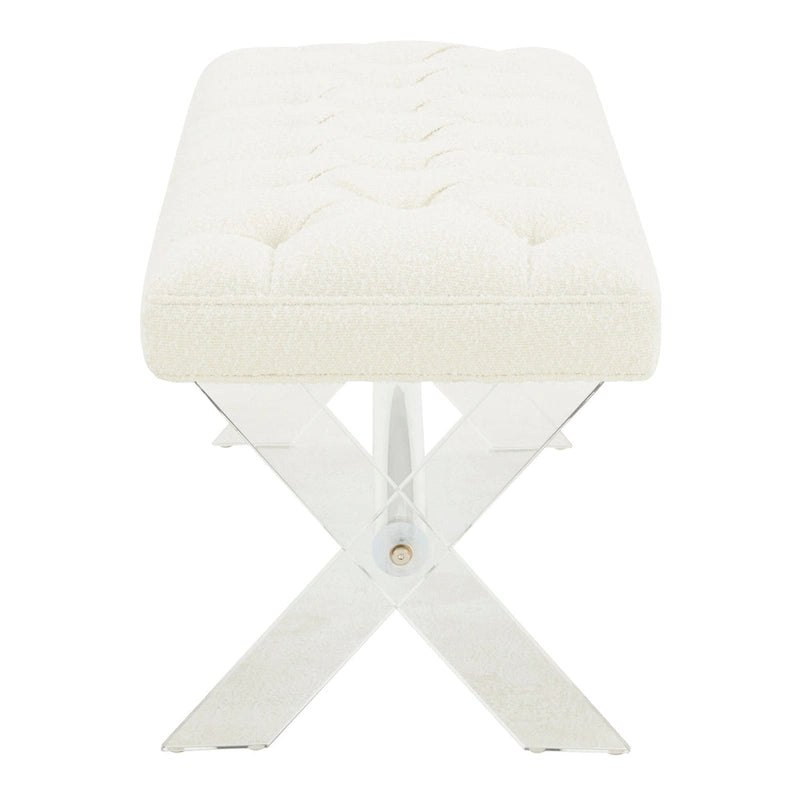 Banc en velours capitonné avec pieds en acrylique transparent et détails boutonnés